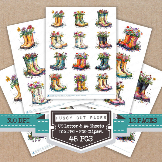 Flower Filled Rain Boots fussy cut printable sheets for junk journaling, scrapbooking, and paper craft projects