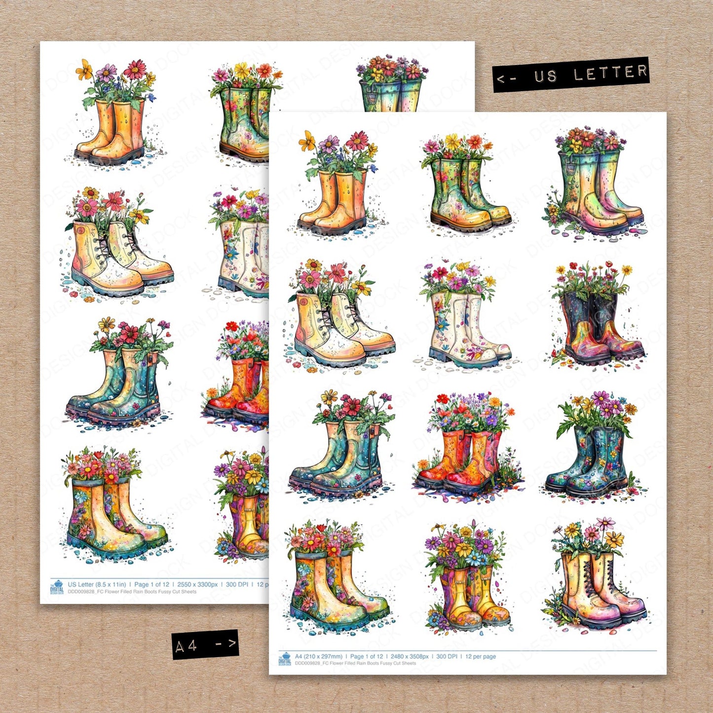 A4 and US Letter format comparison showing Flower Filled Rain Boots fussy cut pages for print and cut crafting