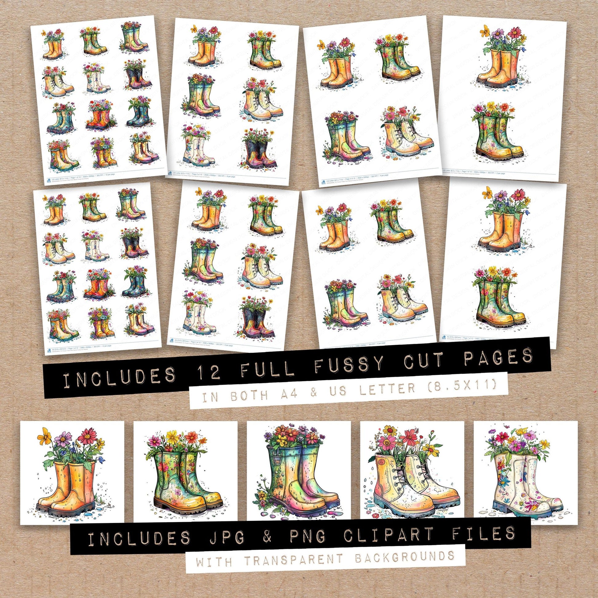 Full collection view of Flower Filled Rain Boots fussy cut sheets with bonus clipart JPG and PNG files