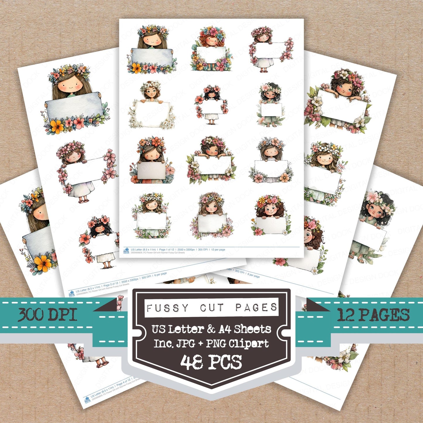 Flower Girl with Banner fussy cut printable sheets for junk journaling, scrapbooking, and paper craft projects