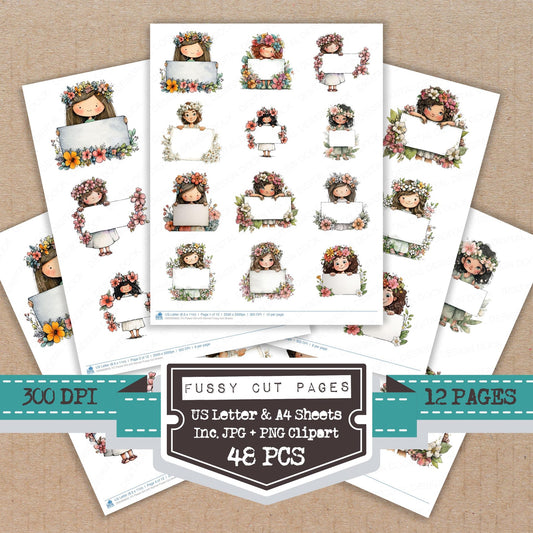 Flower Girl with Banner fussy cut printable sheets for junk journaling, scrapbooking, and paper craft projects