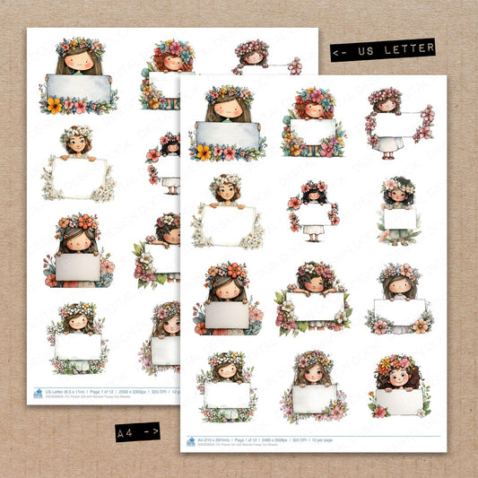 A4 and US Letter format comparison showing Flower Girl with Banner fussy cut pages for print and cut crafting