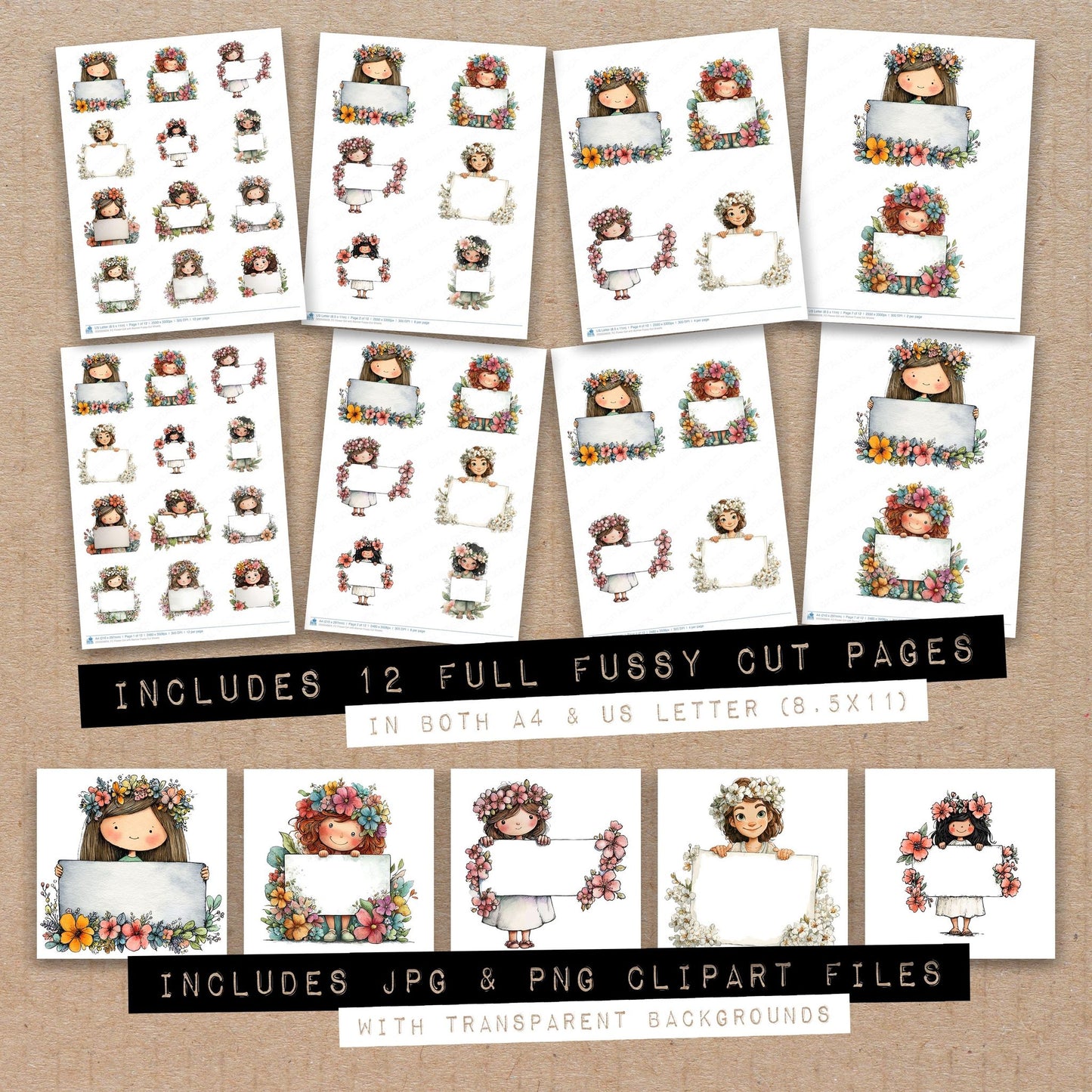 Full collection view of Flower Girl with Banner fussy cut sheets with bonus clipart JPG and PNG files