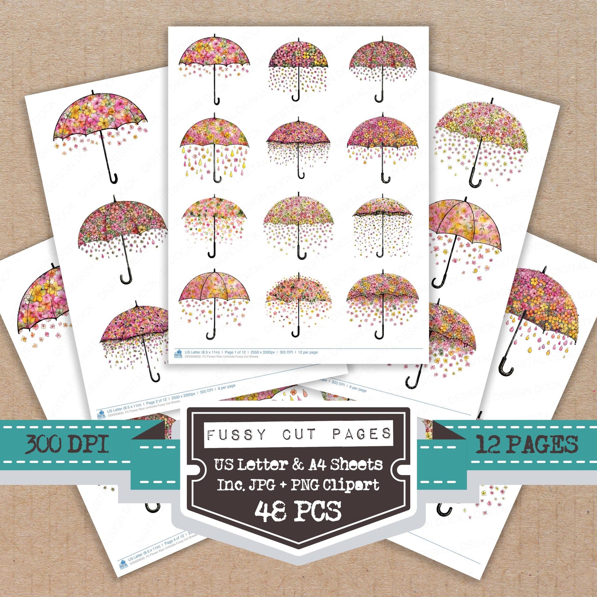 Flower Rain Umbrella fussy cut printable sheets for junk journaling, scrapbooking, and paper craft projects