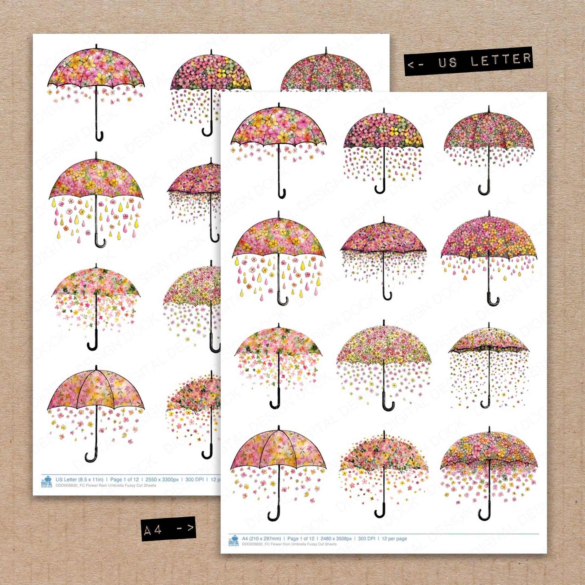 A4 and US Letter format comparison showing Flower Rain Umbrella fussy cut pages for print and cut crafting