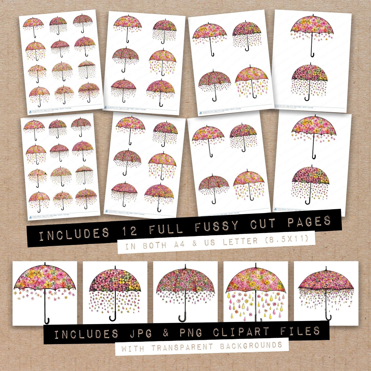 Full collection view of Flower Rain Umbrella fussy cut sheets with bonus clipart JPG and PNG files