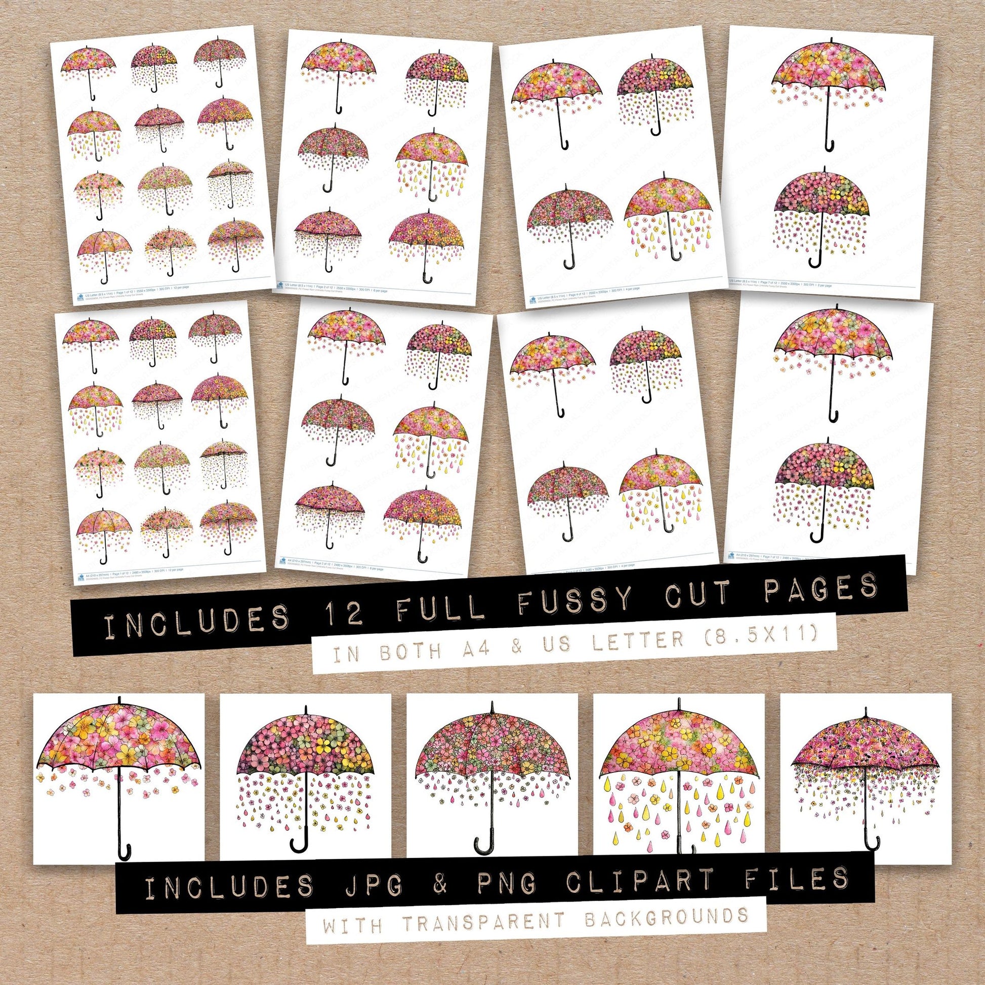Full collection view of Flower Rain Umbrella fussy cut sheets with bonus clipart JPG and PNG files