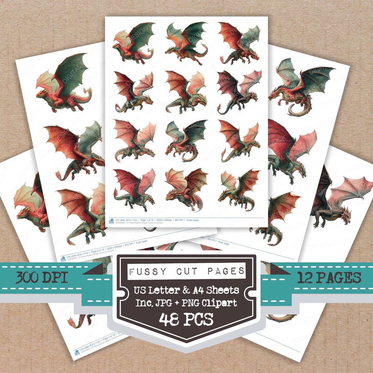 Flying Realistic Dragon fussy cut printable sheets for junk journaling, scrapbooking, and paper craft projects