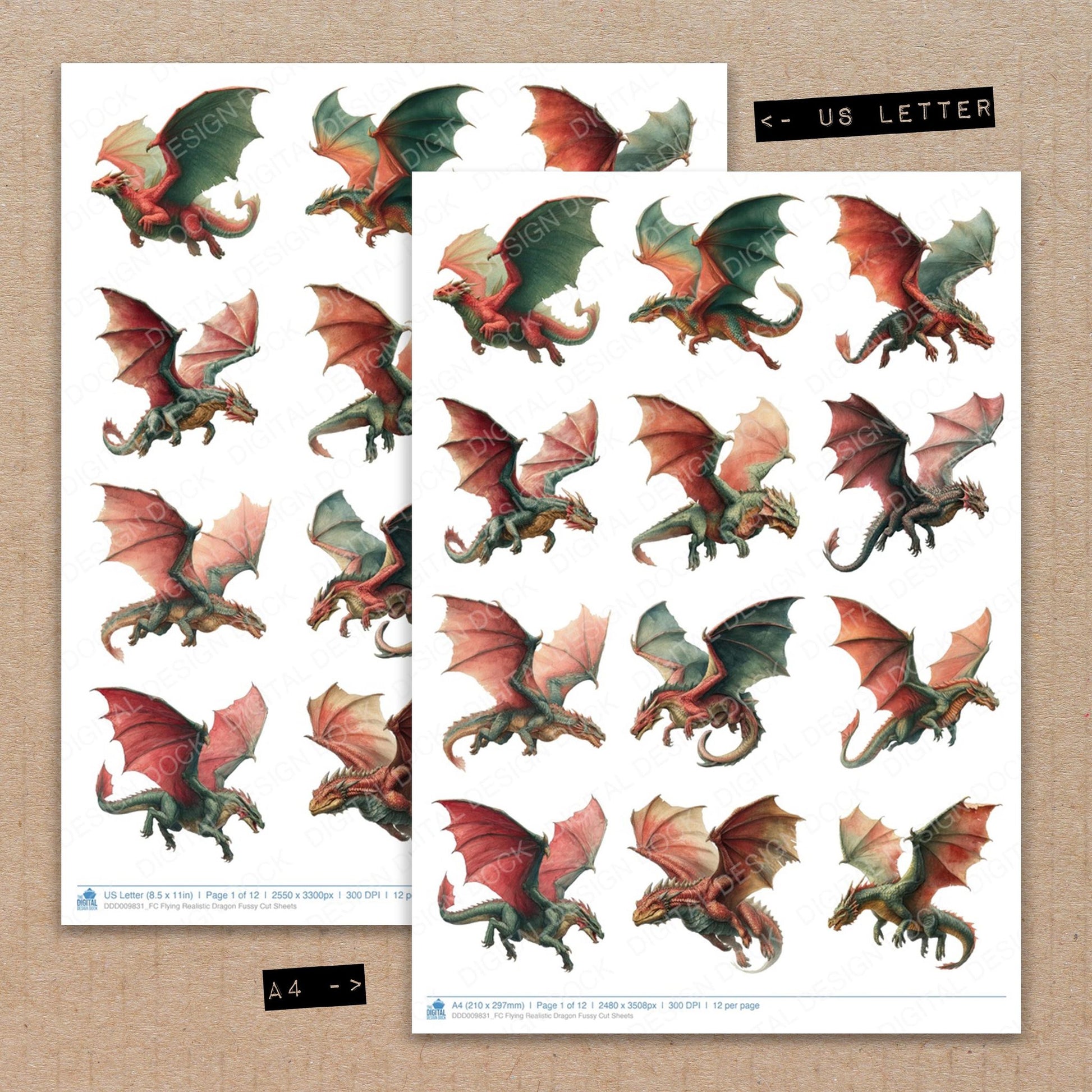 A4 and US Letter format comparison showing Flying Realistic Dragon fussy cut pages for print and cut crafting