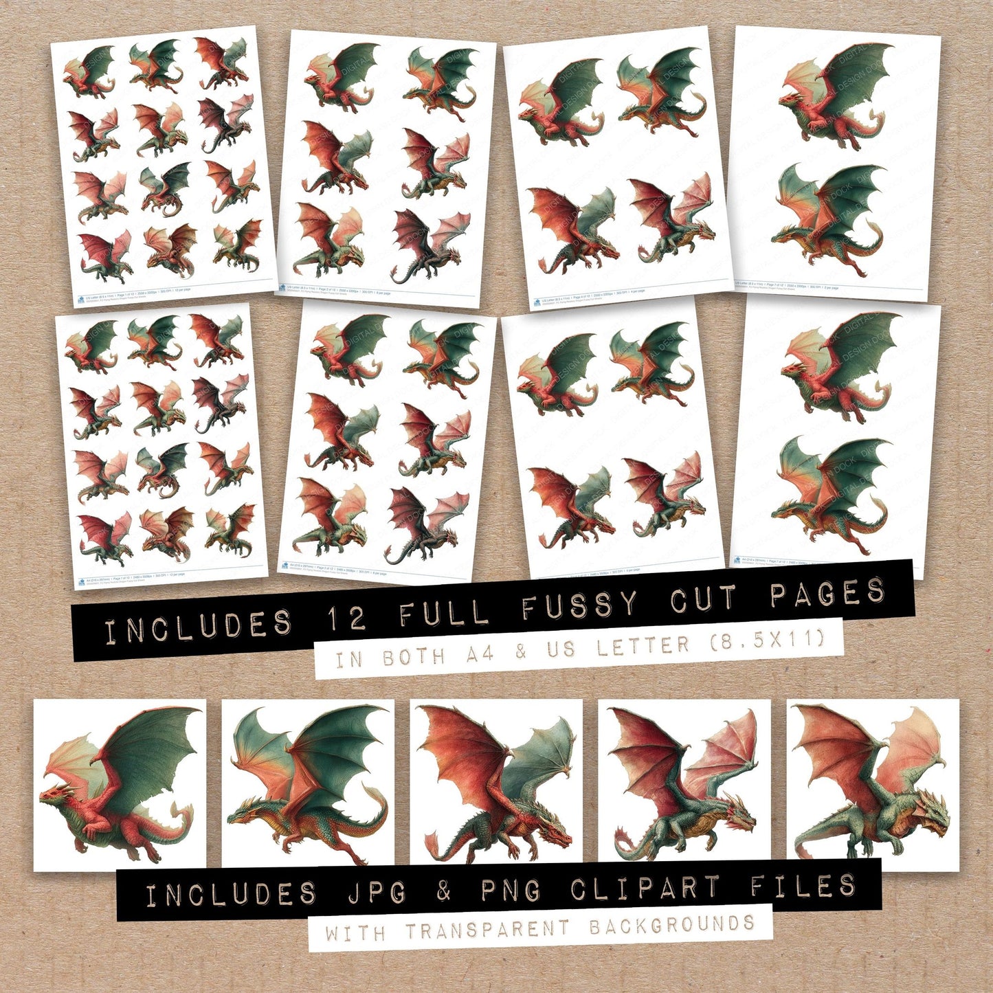 Full collection view of Flying Realistic Dragon fussy cut sheets with bonus clipart JPG and PNG files