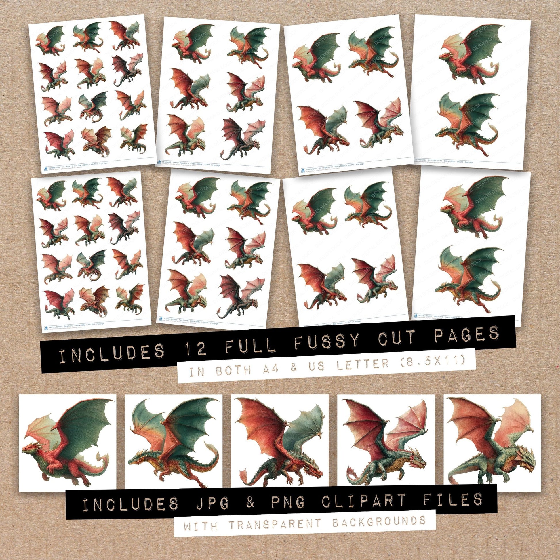 Full collection view of Flying Realistic Dragon fussy cut sheets with bonus clipart JPG and PNG files