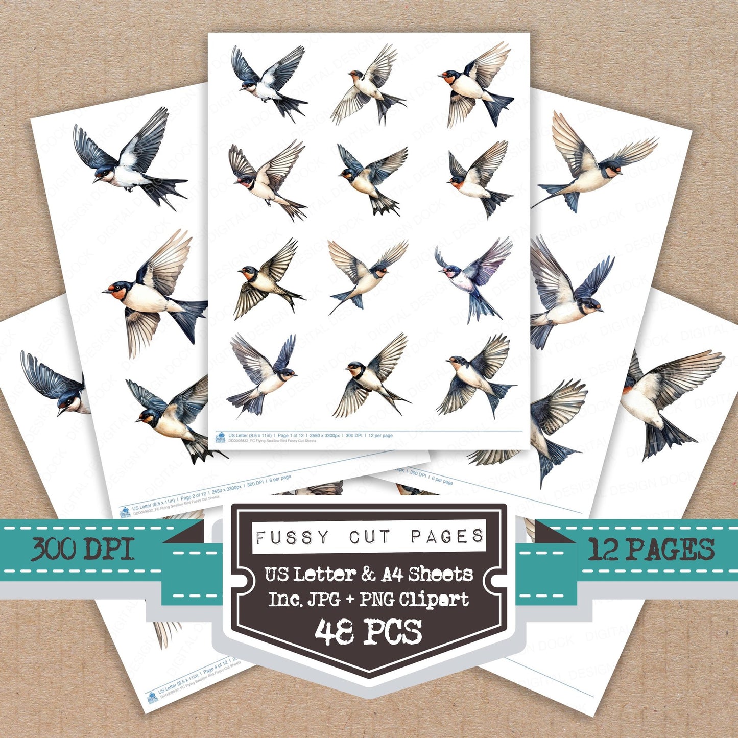 Flying Swallow Bird fussy cut printable sheets for junk journaling, scrapbooking, and paper craft projects