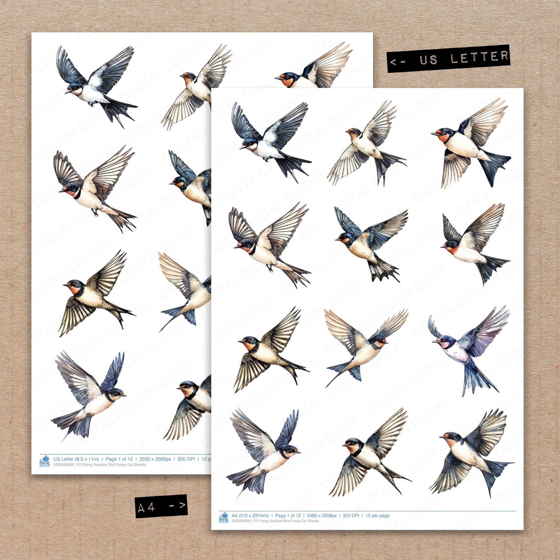 A4 and US Letter format comparison showing Flying Swallow Bird fussy cut pages for print and cut crafting