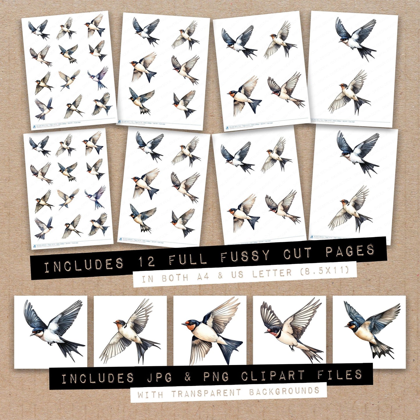 Full collection view of Flying Swallow Bird fussy cut sheets with bonus clipart JPG and PNG files