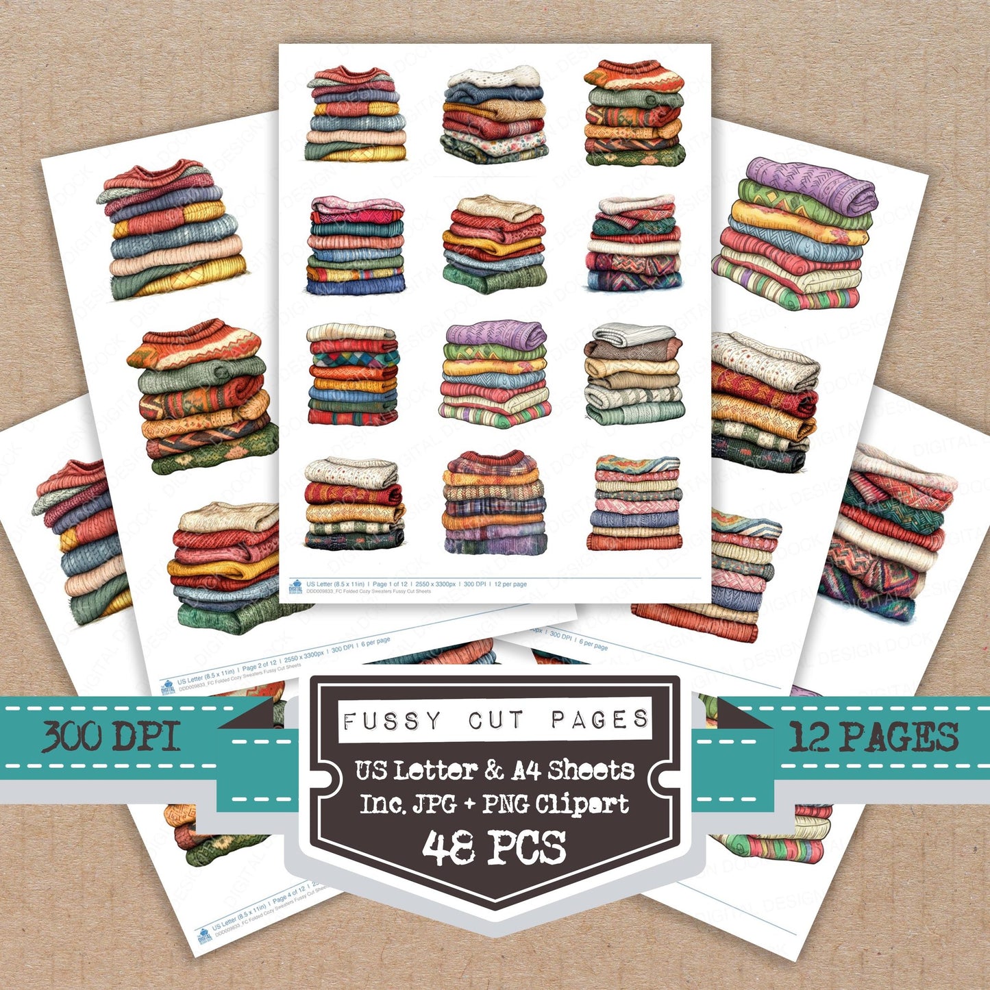 Folded Cozy Sweaters fussy cut printable sheets for junk journaling, scrapbooking, and paper craft projects