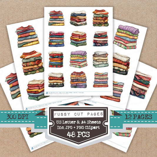 Folded Cozy Sweaters fussy cut printable sheets for junk journaling, scrapbooking, and paper craft projects