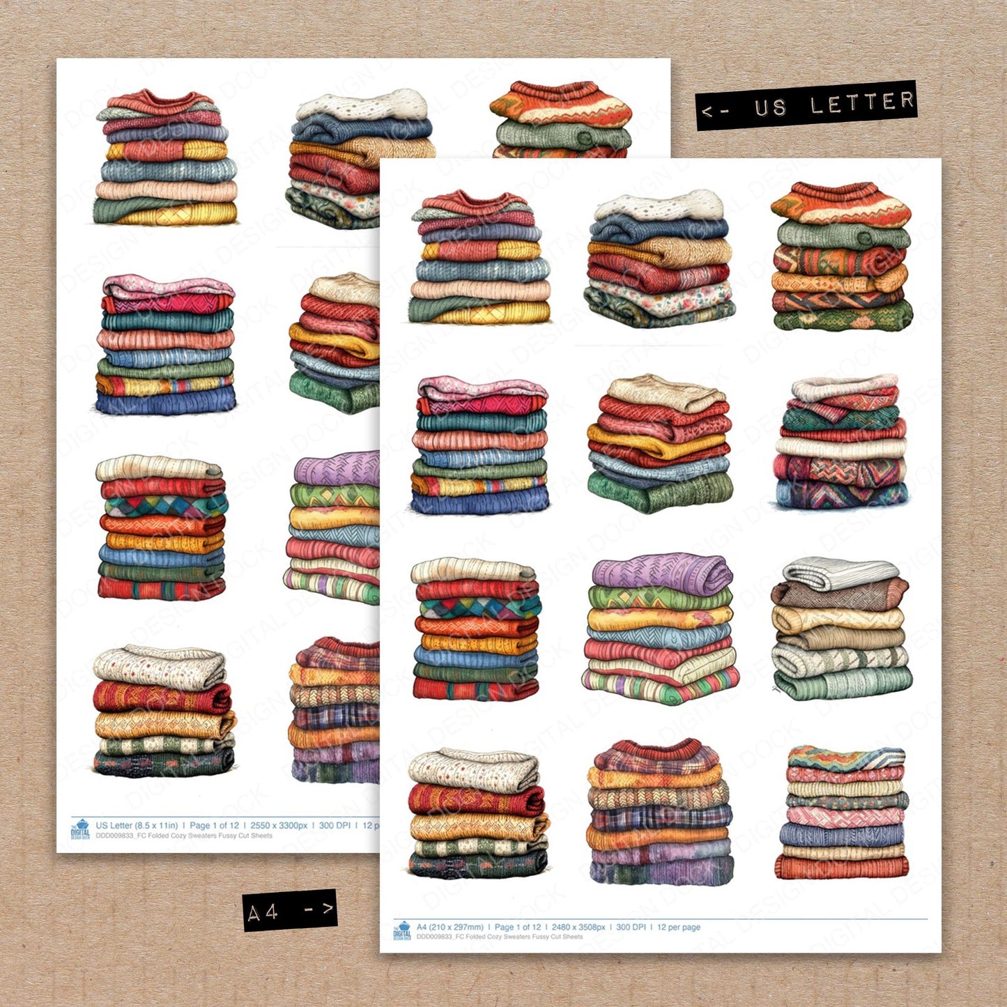 A4 and US Letter format comparison showing Folded Cozy Sweaters fussy cut pages for print and cut crafting