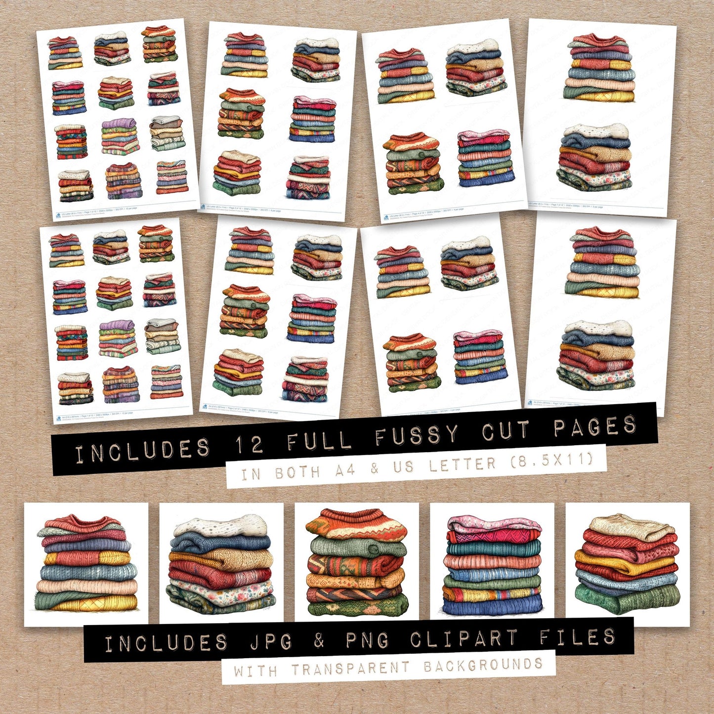 Full collection view of Folded Cozy Sweaters fussy cut sheets with bonus clipart JPG and PNG files