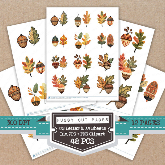 Folk Acorn and Leaf fussy cut printable sheets for junk journaling, scrapbooking, and paper craft projects