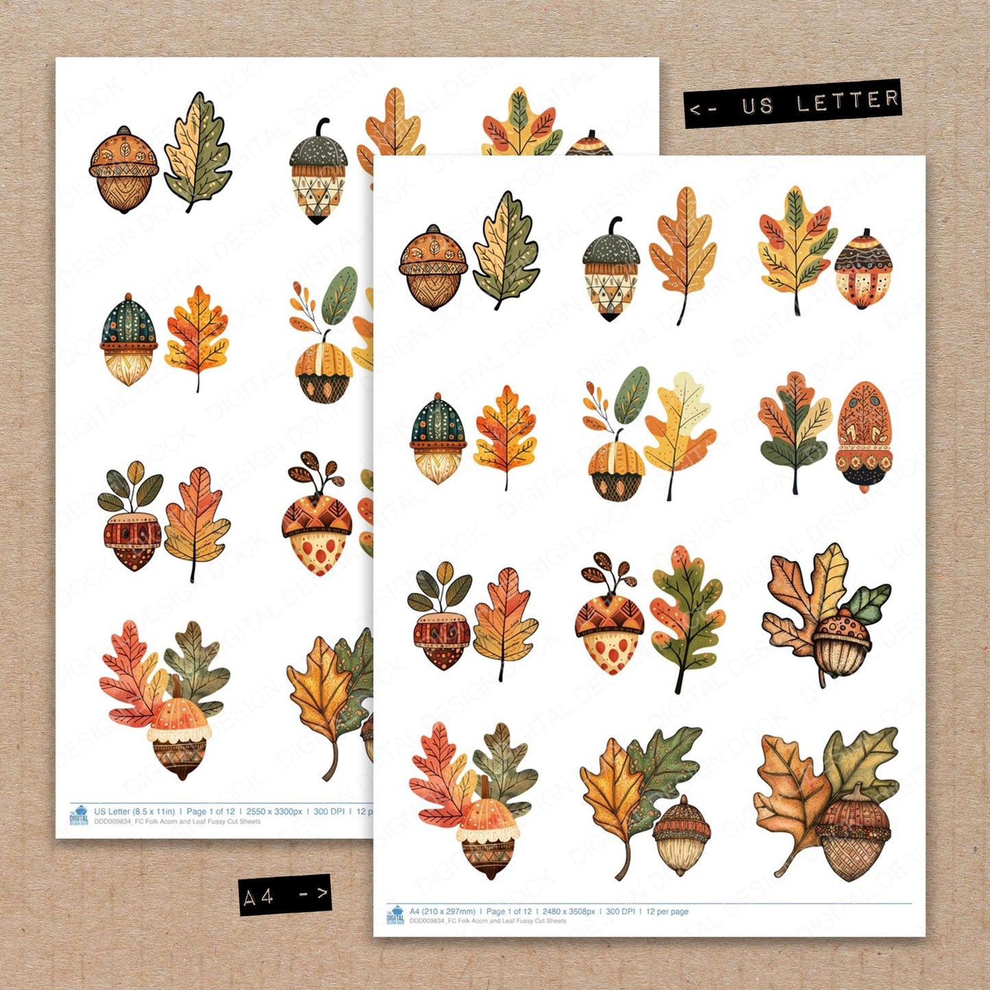 A4 and US Letter format comparison showing Folk Acorn and Leaf fussy cut pages for print and cut crafting