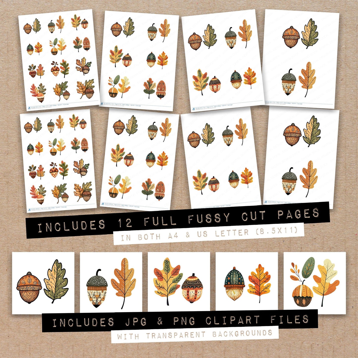 Full collection view of Folk Acorn and Leaf fussy cut sheets with bonus clipart JPG and PNG files