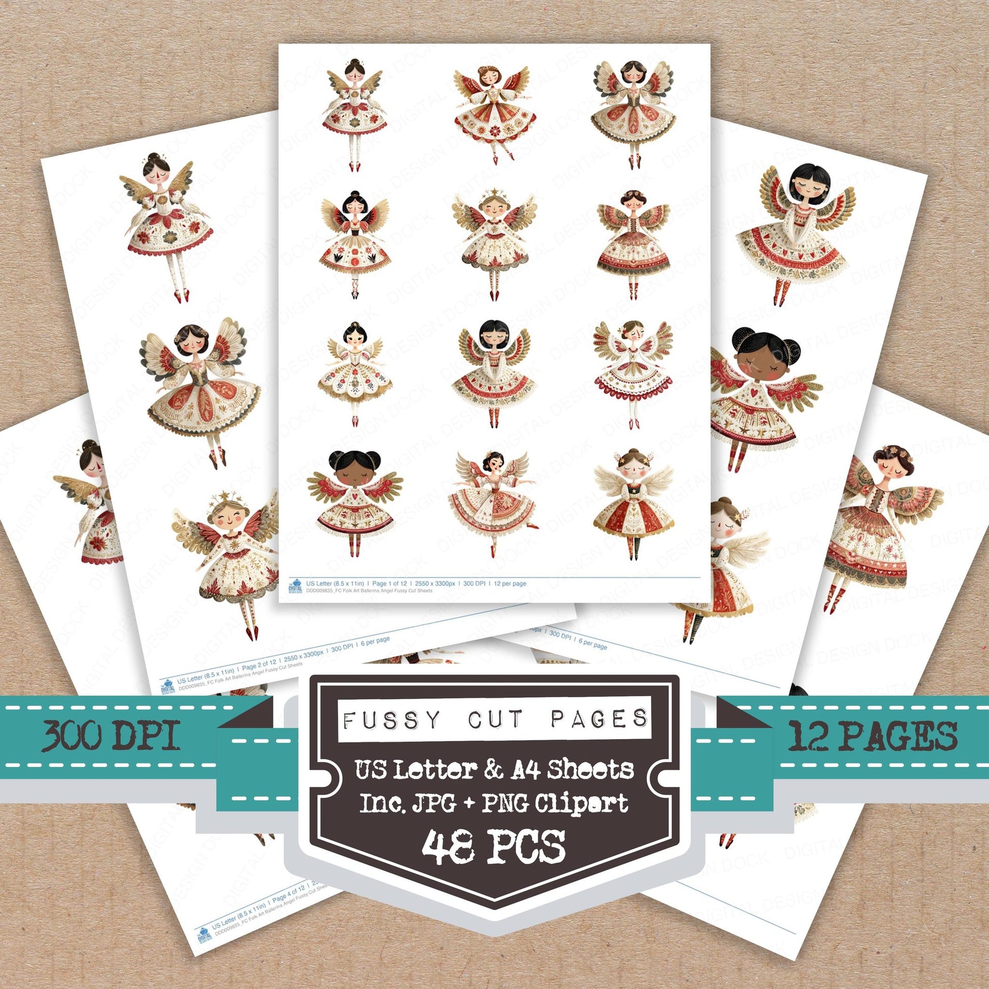 Folk Art Ballerina Angel fussy cut printable sheets for junk journaling, scrapbooking, and paper craft projects