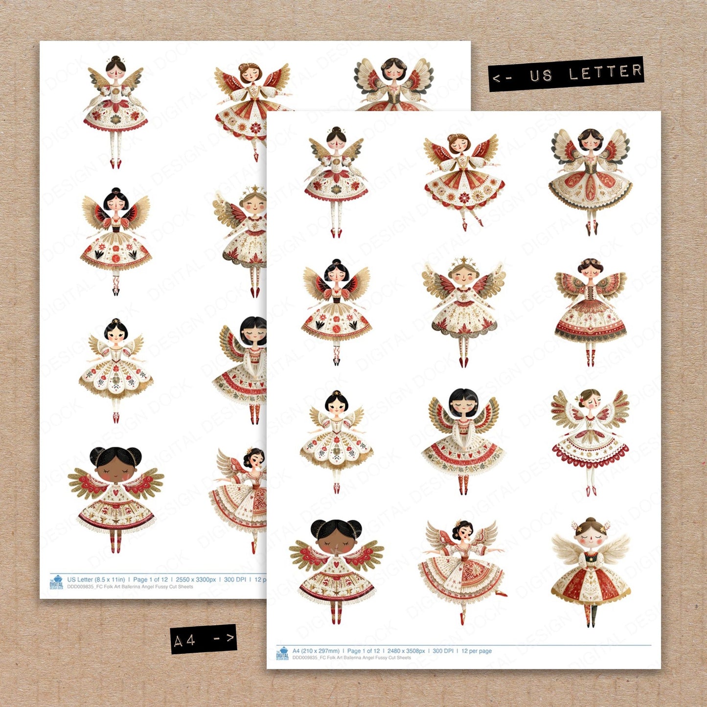 A4 and US Letter format comparison showing Folk Art Ballerina Angel fussy cut pages for print and cut crafting