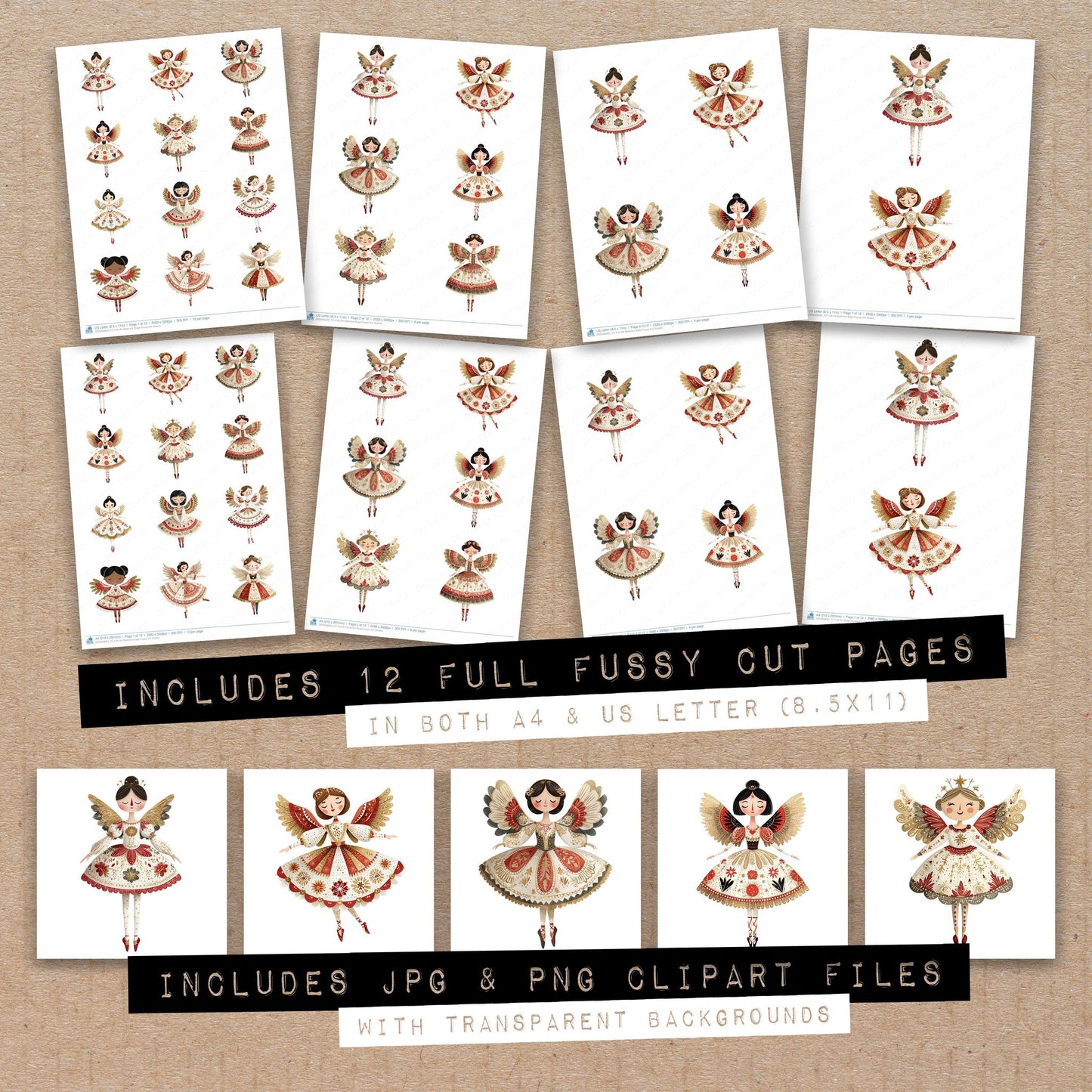 Full collection view of Folk Art Ballerina Angel fussy cut sheets with bonus clipart JPG and PNG files