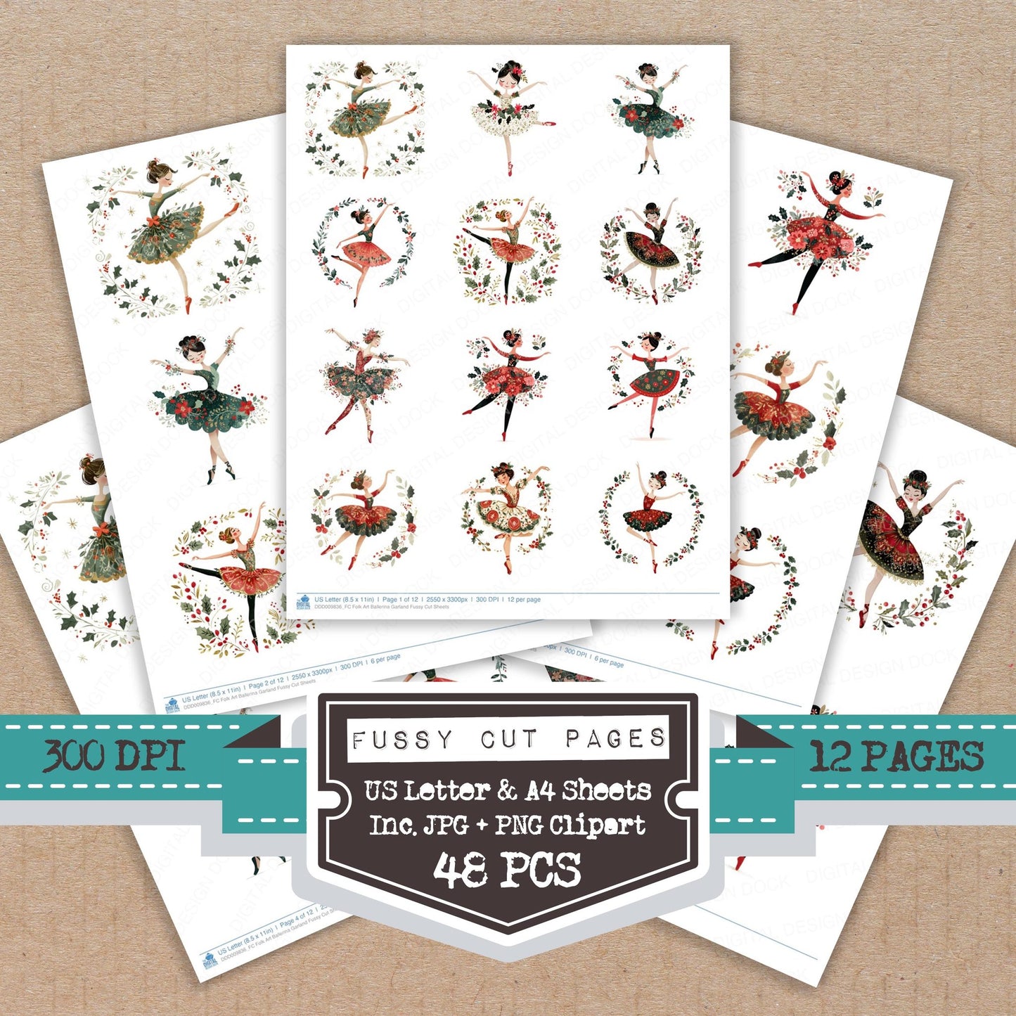 Folk Art Ballerina Garland fussy cut printable sheets for junk journaling, scrapbooking, and paper craft projects