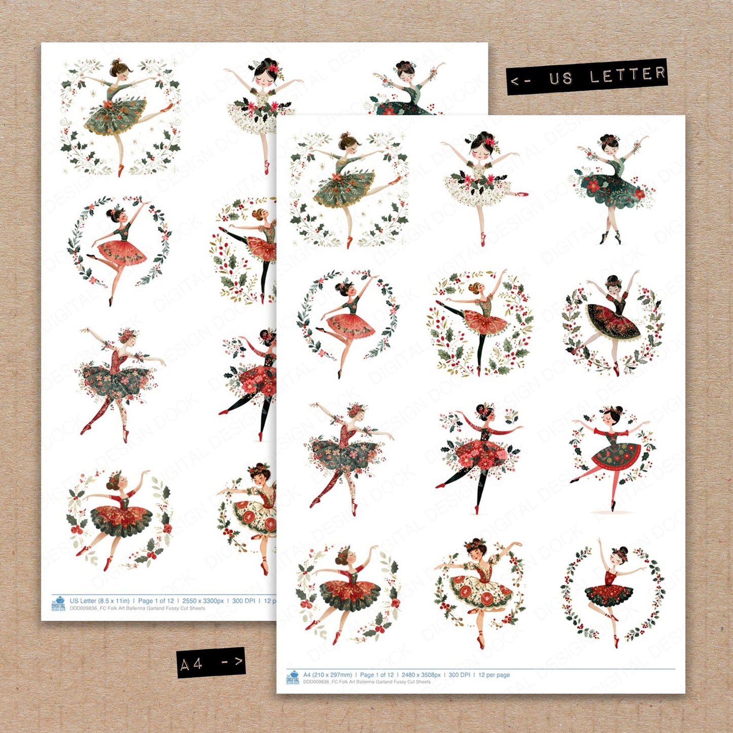 A4 and US Letter format comparison showing Folk Art Ballerina Garland fussy cut pages for print and cut crafting