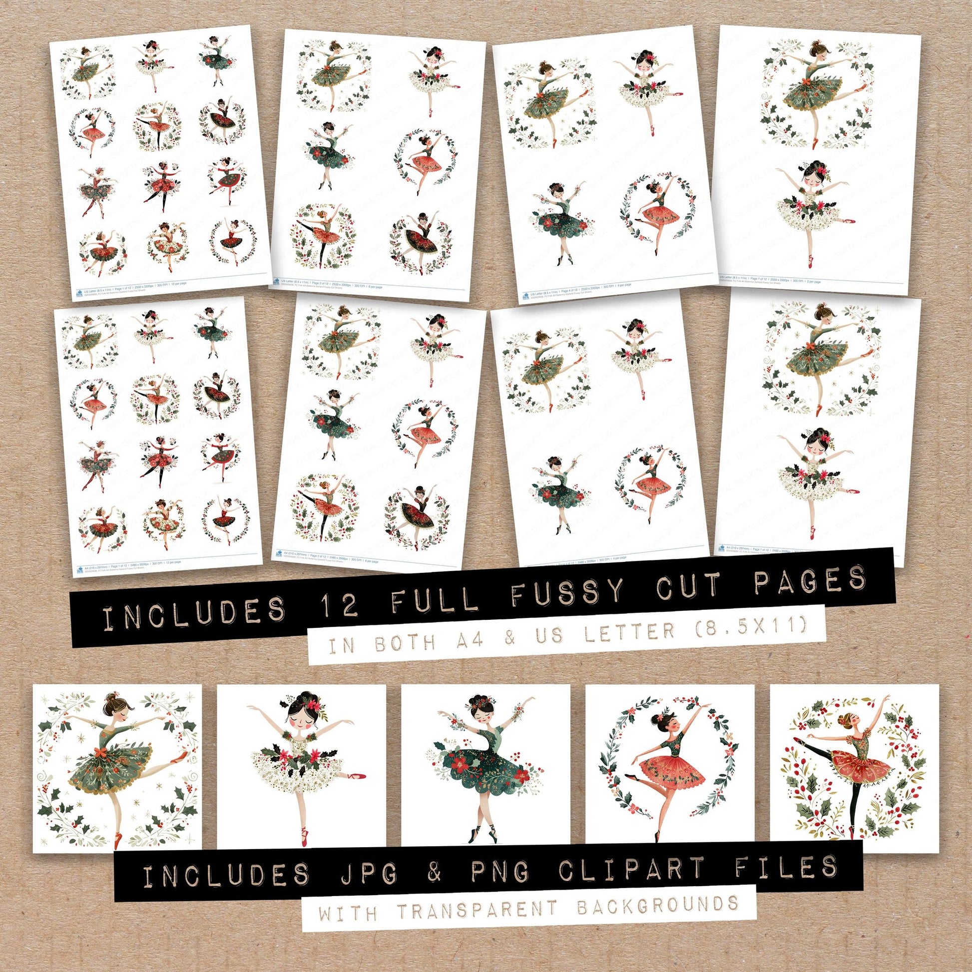 Full collection view of Folk Art Ballerina Garland fussy cut sheets with bonus clipart JPG and PNG files