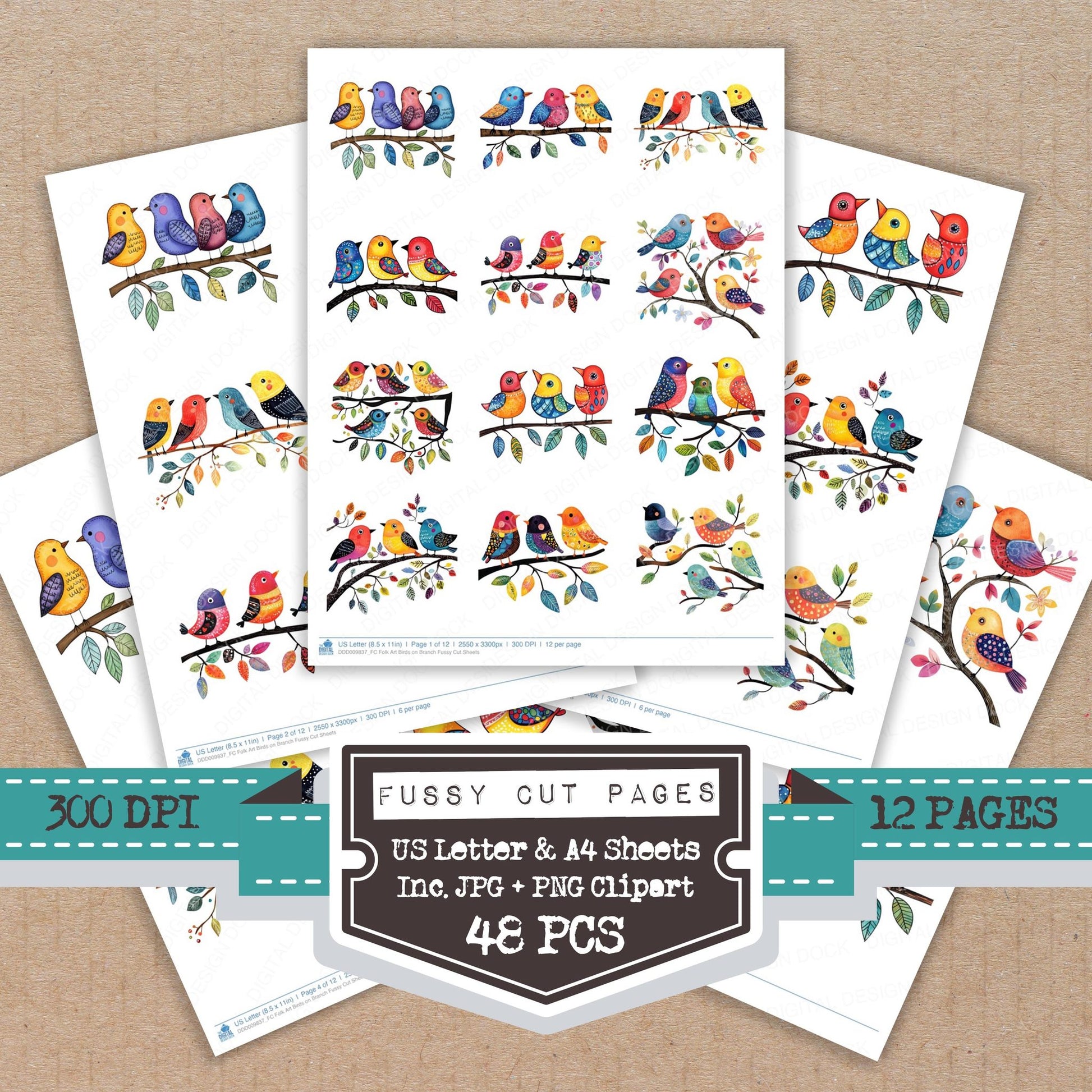 Folk Art Birds on Branch fussy cut printable sheets for junk journaling, scrapbooking, and paper craft projects