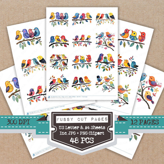 Folk Art Birds on Branch fussy cut printable sheets for junk journaling, scrapbooking, and paper craft projects