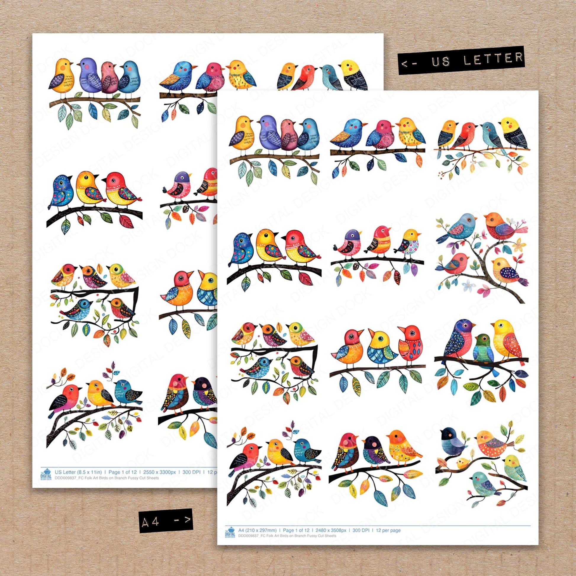 A4 and US Letter format comparison showing Folk Art Birds on Branch fussy cut pages for print and cut crafting