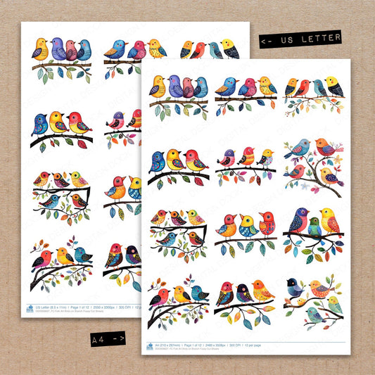 A4 and US Letter format comparison showing Folk Art Birds on Branch fussy cut pages for print and cut crafting