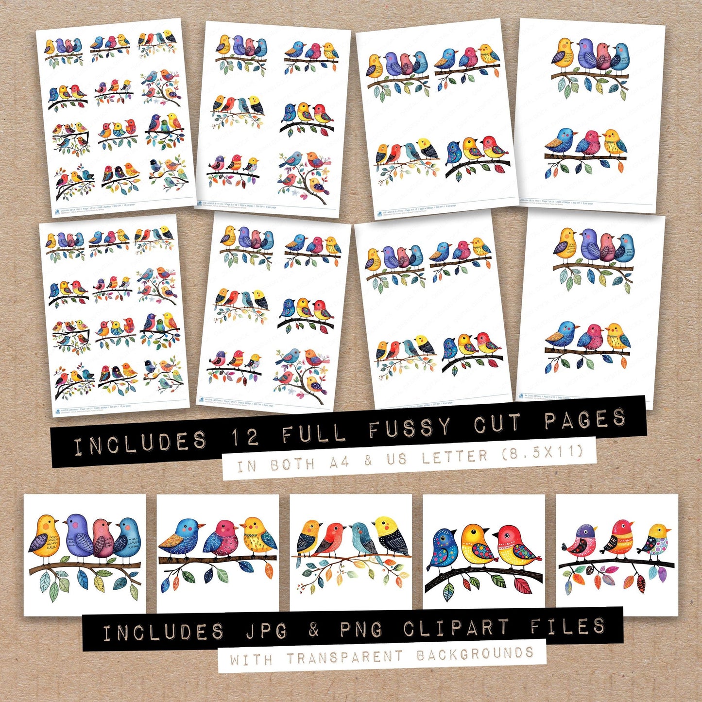 Full collection view of Folk Art Birds on Branch fussy cut sheets with bonus clipart JPG and PNG files