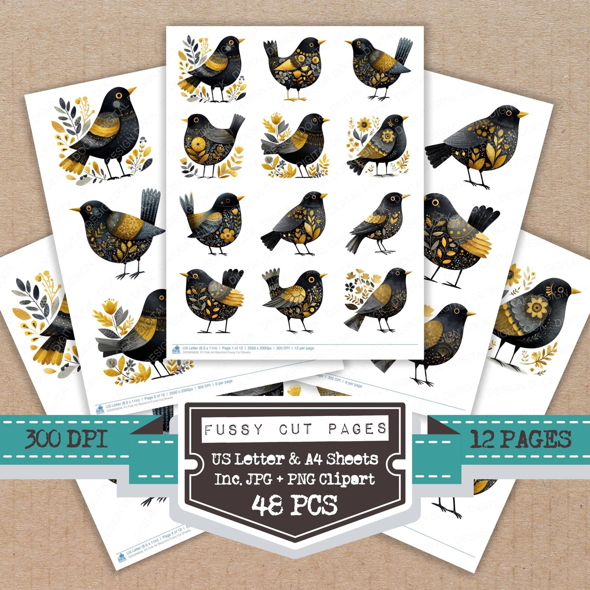 Folk Art Blackbird fussy cut printable sheets for junk journaling, scrapbooking, and paper craft projects