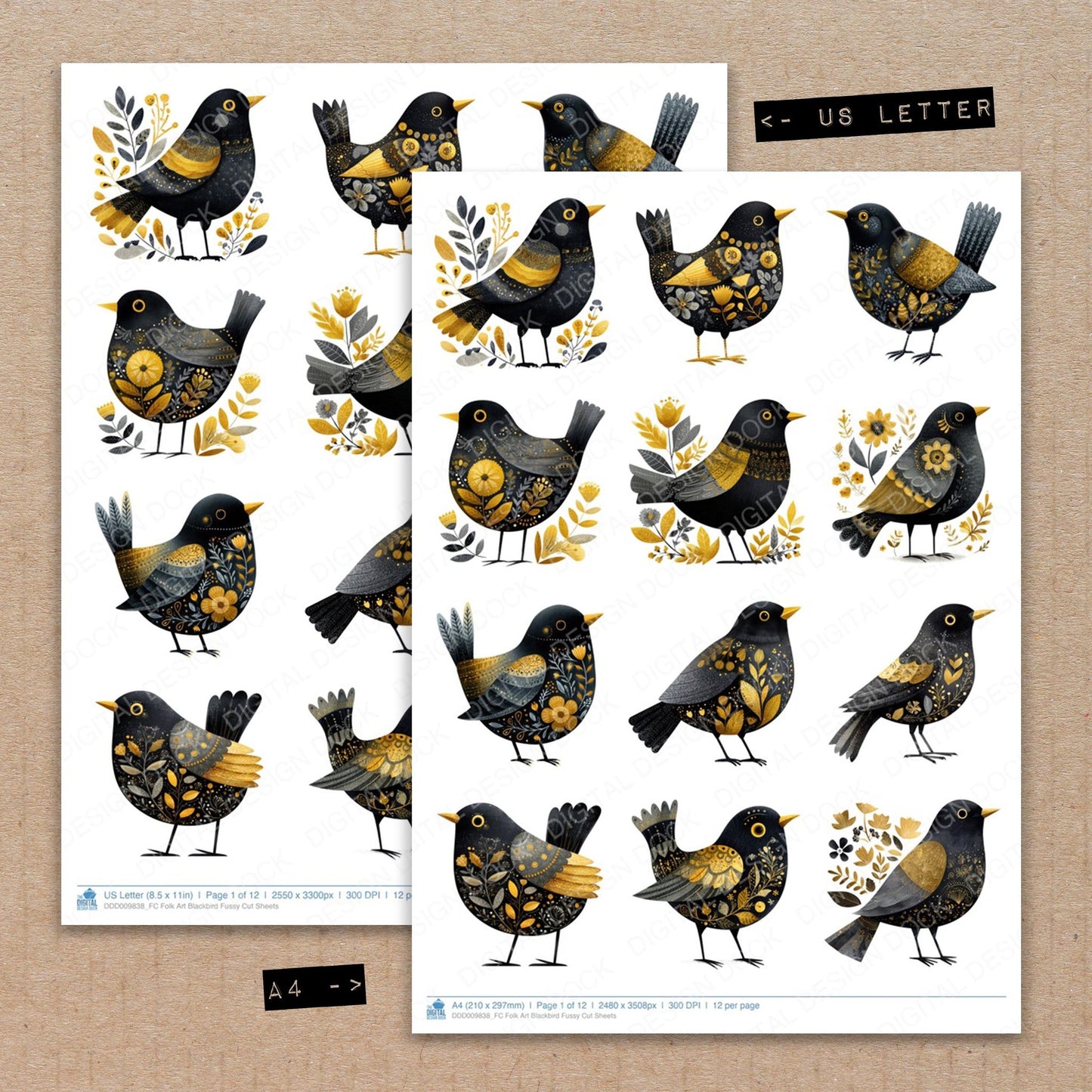 A4 and US Letter format comparison showing Folk Art Blackbird fussy cut pages for print and cut crafting