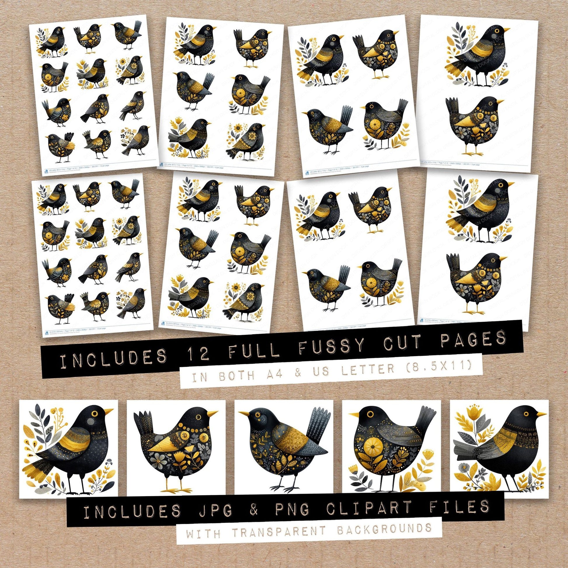 Full collection view of Folk Art Blackbird fussy cut sheets with bonus clipart JPG and PNG files