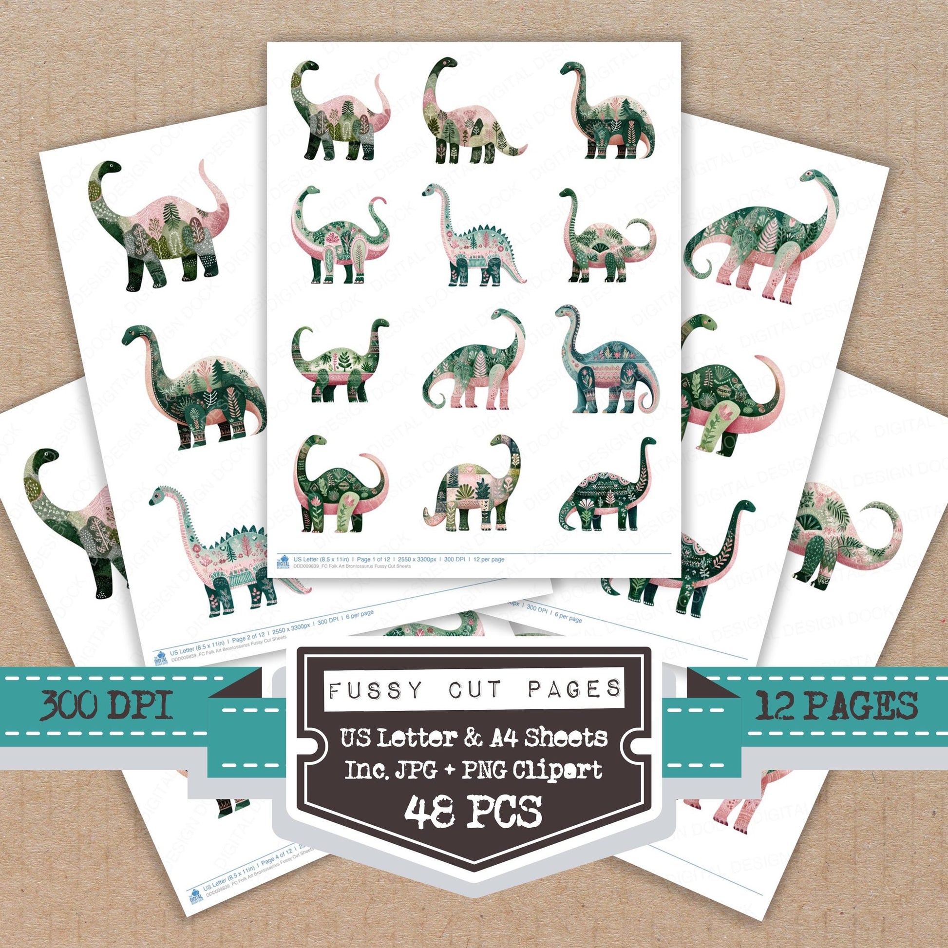 Folk Art Brontosaurus fussy cut printable sheets for junk journaling, scrapbooking, and paper craft projects