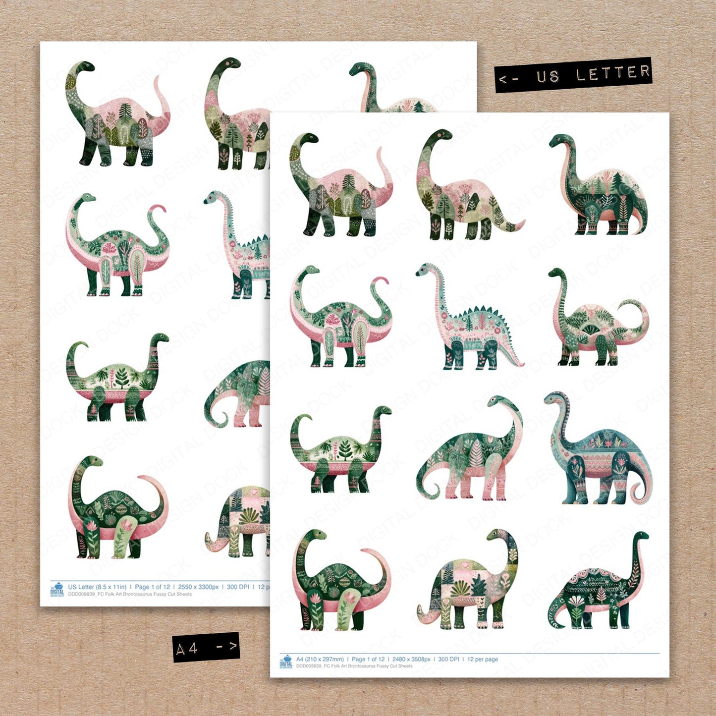 A4 and US Letter format comparison showing Folk Art Brontosaurus fussy cut pages for print and cut crafting