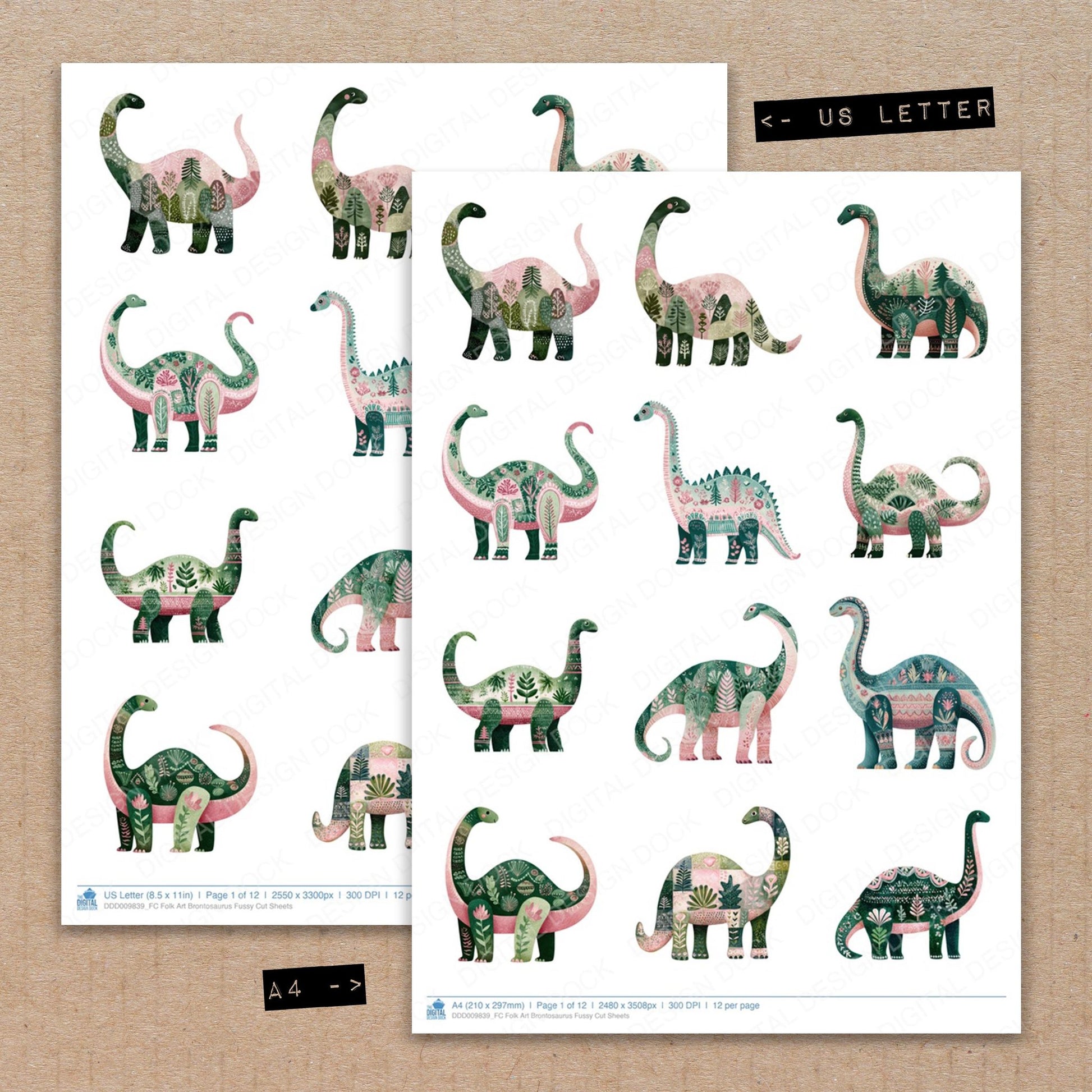 A4 and US Letter format comparison showing Folk Art Brontosaurus fussy cut pages for print and cut crafting