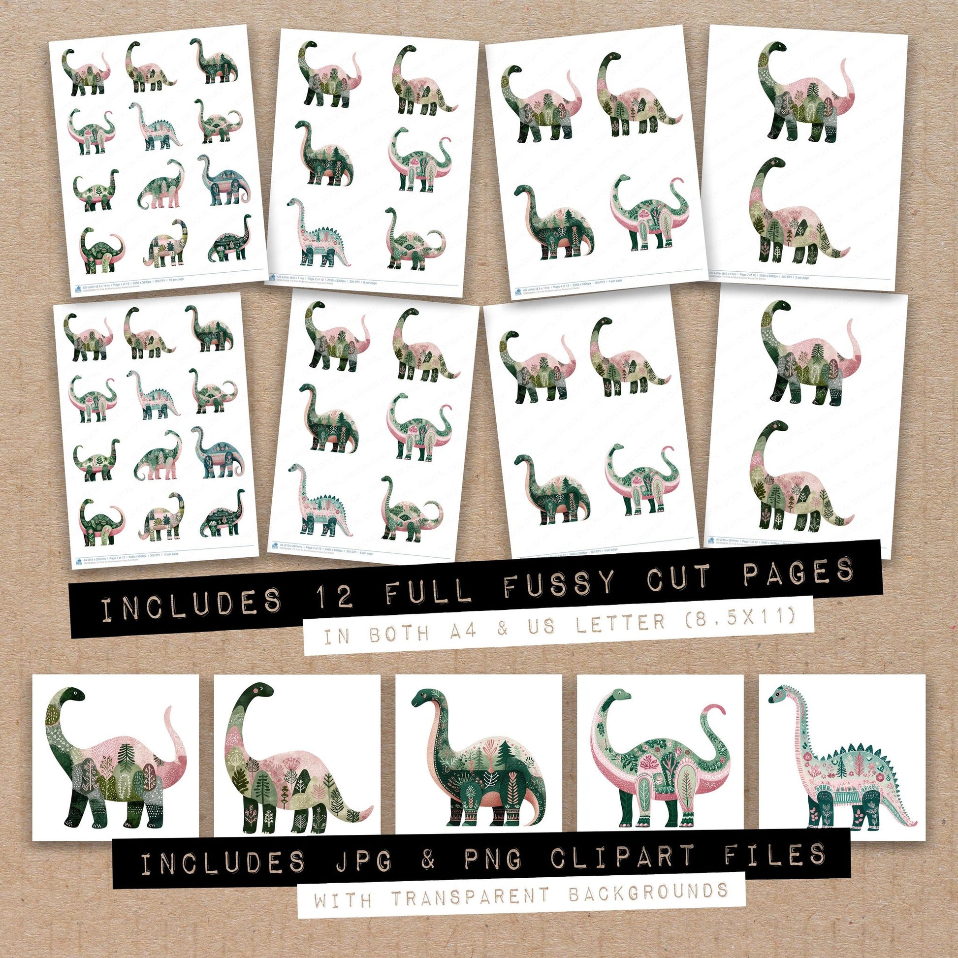 Full collection view of Folk Art Brontosaurus fussy cut sheets with bonus clipart JPG and PNG files