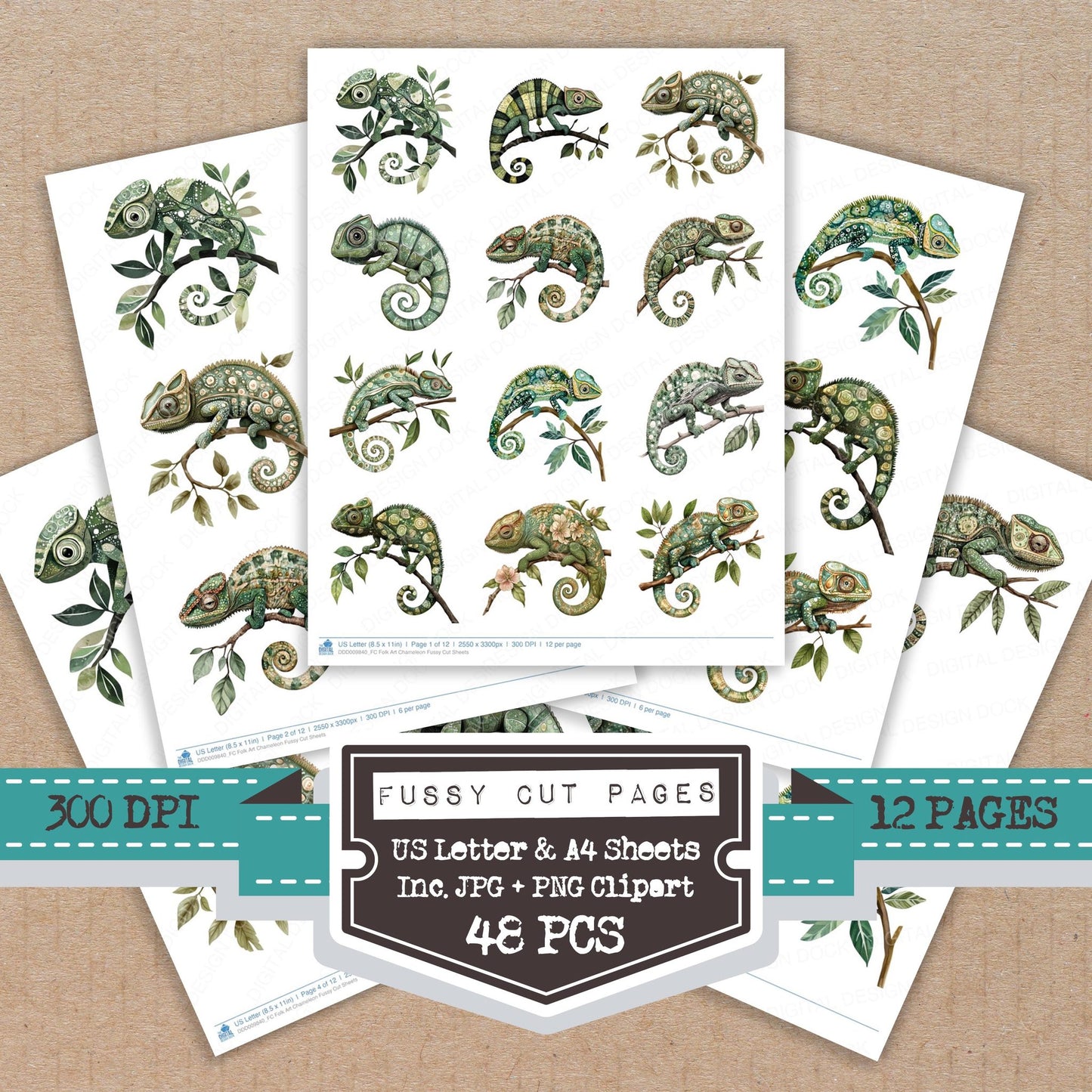 Folk Art Chameleon fussy cut printable sheets for junk journaling, scrapbooking, and paper craft projects