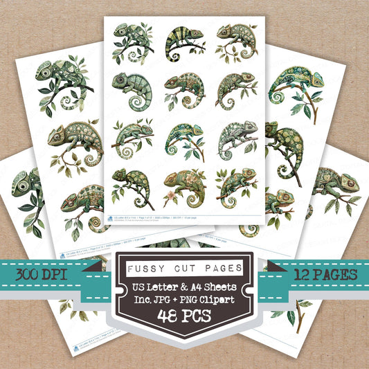 Folk Art Chameleon fussy cut printable sheets for junk journaling, scrapbooking, and paper craft projects
