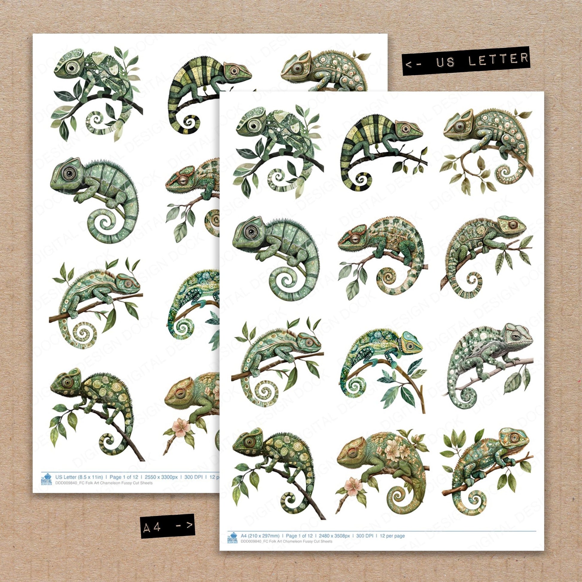 A4 and US Letter format comparison showing Folk Art Chameleon fussy cut pages for print and cut crafting