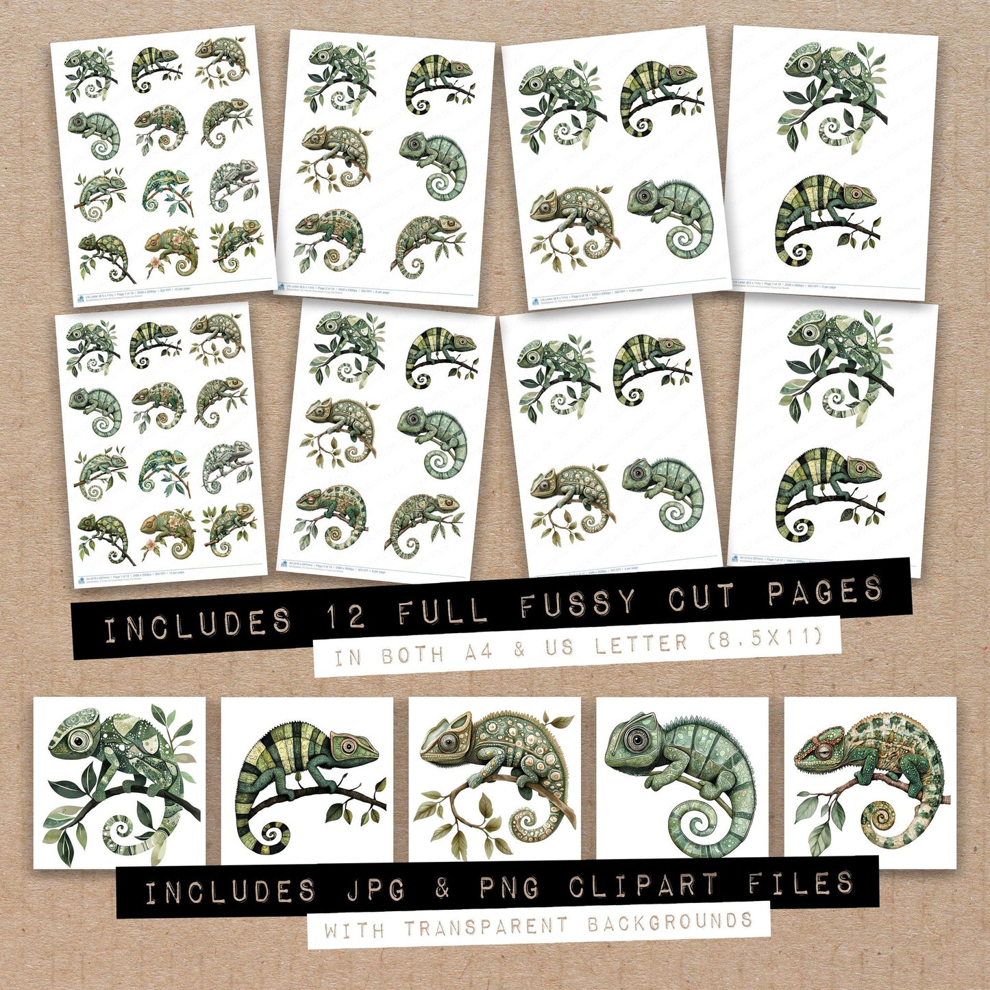 Full collection view of Folk Art Chameleon fussy cut sheets with bonus clipart JPG and PNG files