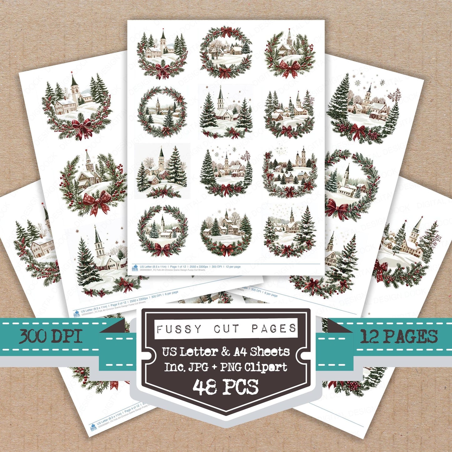Folk Art Christas Scene Design fussy cut printable sheets for junk journaling, scrapbooking, and paper craft projects