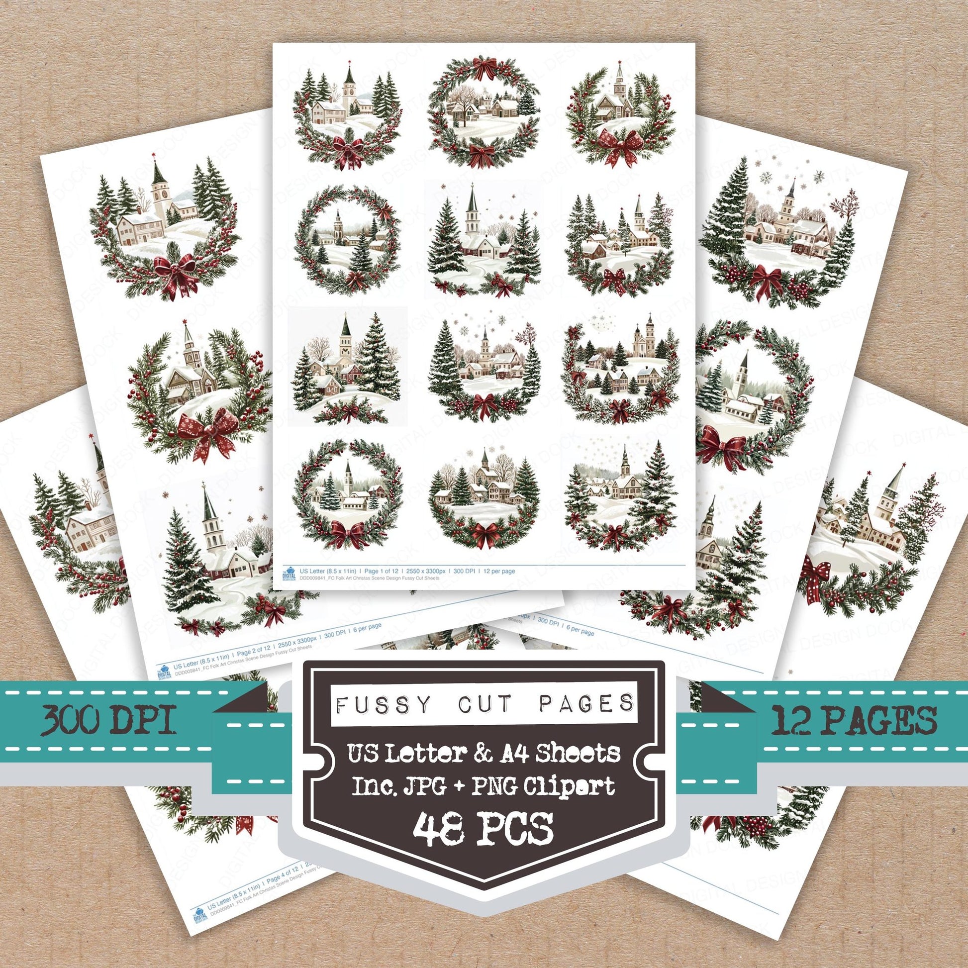 Folk Art Christas Scene Design fussy cut printable sheets for junk journaling, scrapbooking, and paper craft projects