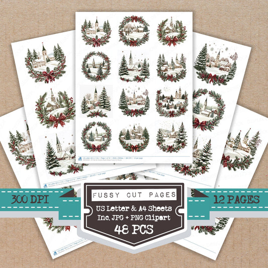 Folk Art Christas Scene Design fussy cut printable sheets for junk journaling, scrapbooking, and paper craft projects